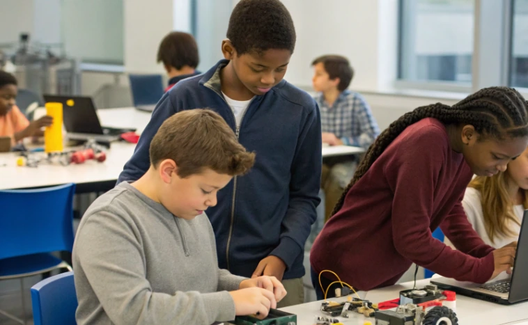 Diverse group of boys and girls working together on robotics in a classroom, showing the gender-balanced participation in WaterBotics programming

