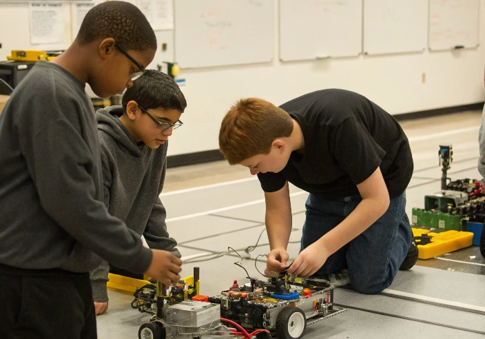 Three students collaborating on a robot together on the floor, showing the team showcase approach of WaterBotics without the competition trap
