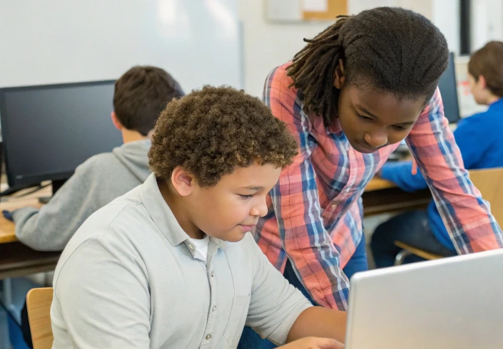 Older student helping a younger classmate with a programming task on a laptop, showing peer-to-peer learning that emerges naturally in a collaborative curriculum
