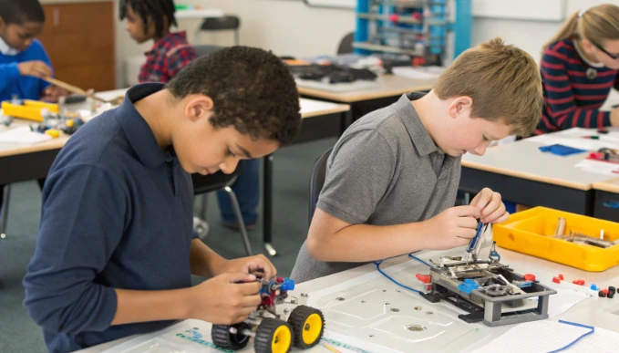 Two students assembling robot kits at desks in a classroom, showing what educators actually see inside the WaterBotics curriculum in action
