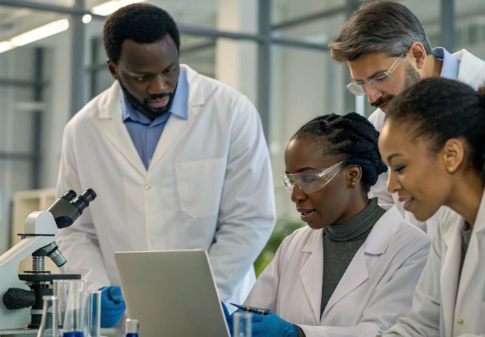 Diverse team of scientists in lab coats reviewing data on a laptop, showing how diversity in STEM strengthens decision-making and engineering choices
