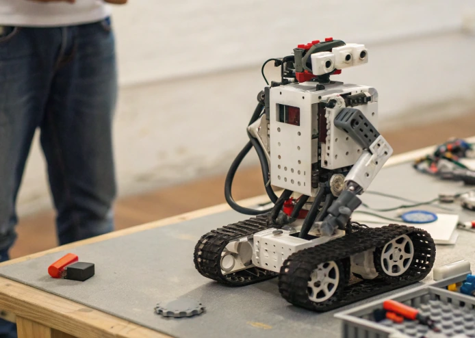 LEGO robot with treads built on a table next to spare parts, showing how LEGO components enable rapid prototyping and engineering design iteration
