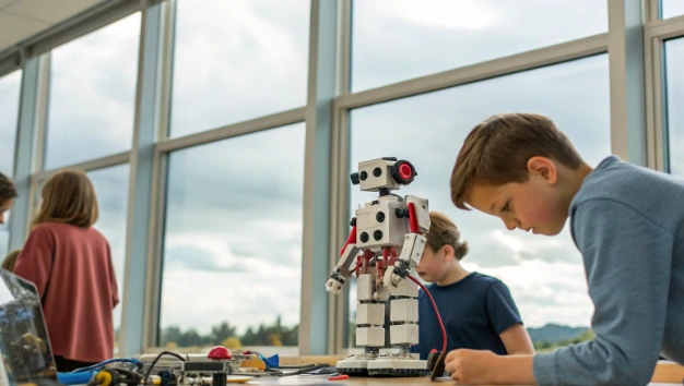 Students aged 12 to 18 building a robot together at a workshop table, showing how WaterBotics fits both classroom and out-of-school settings without prior robotics experience
