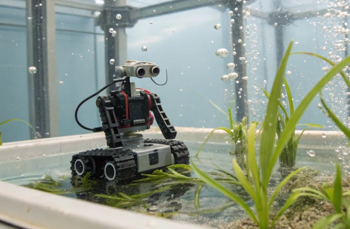 Tracked underwater robot with camera operating in a classroom water tank, showing how a robot in water works as a practical STEM resource
