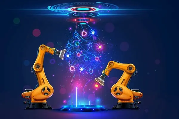 Two robotic arms touching each other in front of a blue background