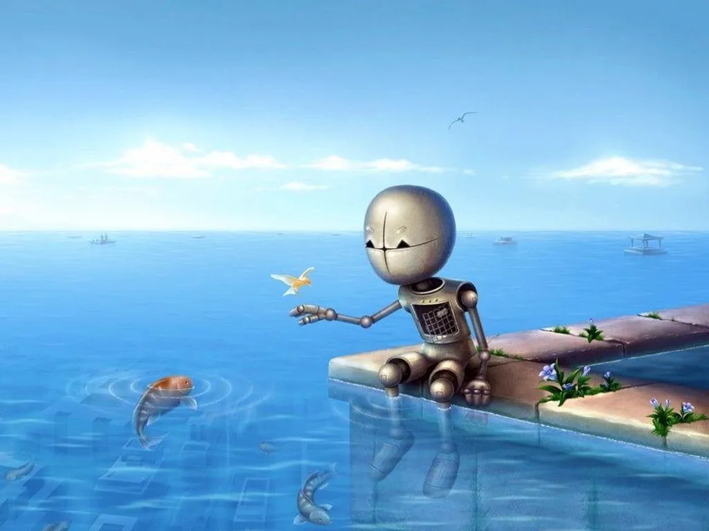 A robot is sitting on a ledge in the water