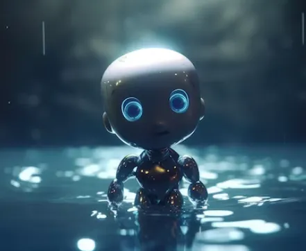 A little robot standing in a pool of water