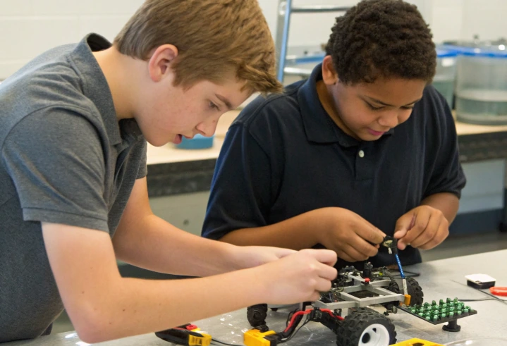 Two middle school students engineering an underwater robot with LEGO components and motors, learning real STEM skills through hands-on WaterBotics design
