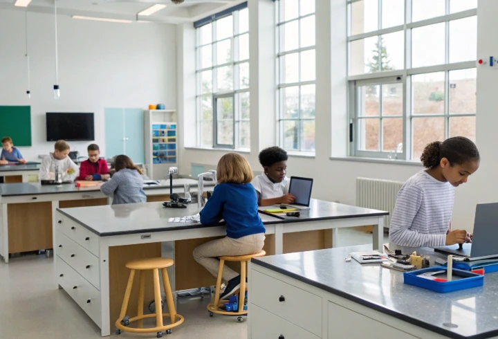 Diverse students working on laptops and experiments in a bright modern lab classroom, showing why STEM education is a generational priority
