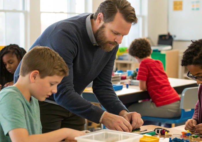 Teacher guiding students through a hands-on engineering project in a classroom, showing what schools and parents can do to support scientific inquiry

