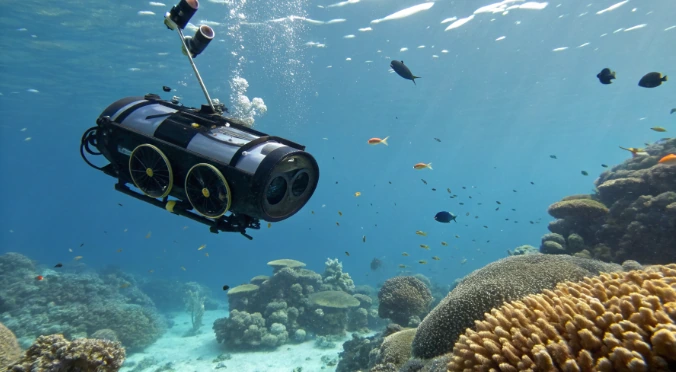 Underwater robot with cameras exploring a coral reef among tropical fish, illustrating the practical learning value of underwater robotics
