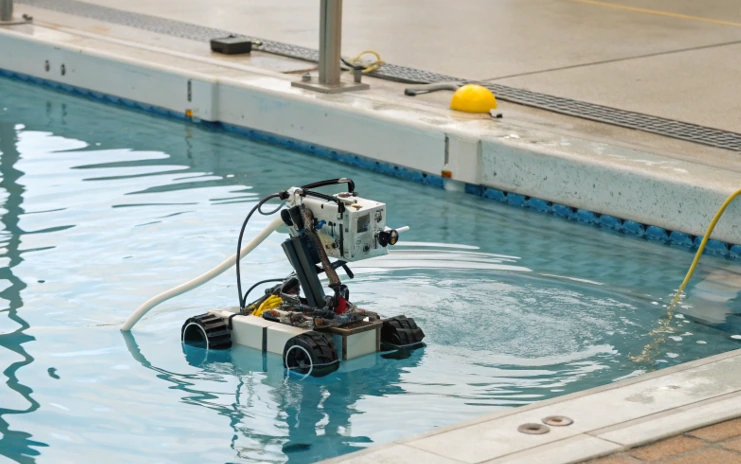 Wheeled underwater robot floating in a pool during a real robotics program test, showing the hands-on method behind Robot in Water
