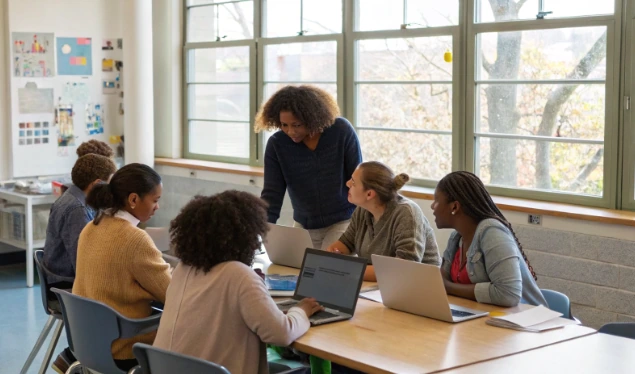 Instructor leading a group of students working on laptops at a classroom table, showing how educators facilitate iteration in the WaterBotics curriculum
