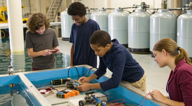 Middle and high school students building and testing robot kits at a water tank, showing the hands-on WaterBotics curriculum for educators
