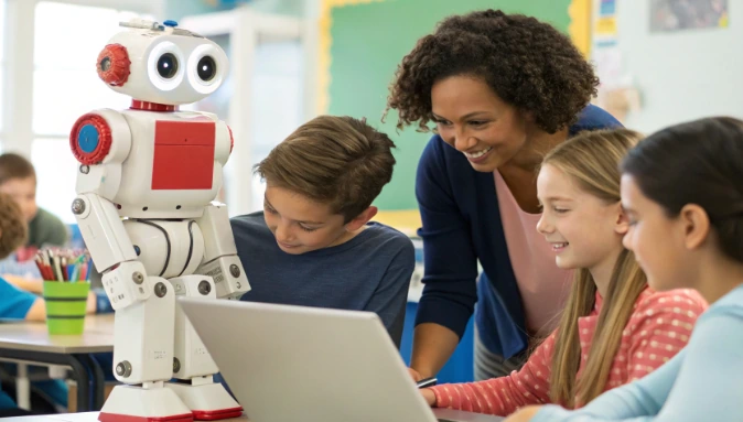 Teacher and students with a laptop and friendly robot in a classroom, illustrating a WaterBotics FAQ guide for educators and parents

