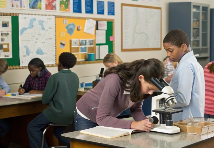 Student looking through a microscope in a science classroom, showing the implementation gap between curriculum frameworks and real scientific practice
