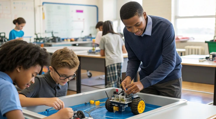 Teacher guiding students through a robot build in a science classroom, showing how the WaterBotics curriculum aligns with NGSS engineering design standards
