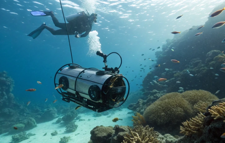 Diver operating an underwater robot near a coral reef, showing the buoyancy, drag and engineering challenges that make underwater robotics pedagogically valuable
