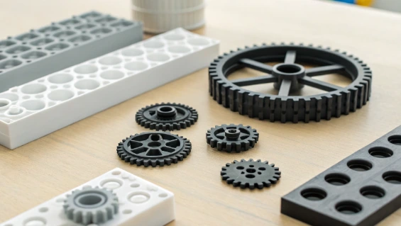 LEGO bricks and gears arranged on a wooden surface, illustrating why LEGO components matter for rapid iteration and prototyping in WaterBotics robot design
