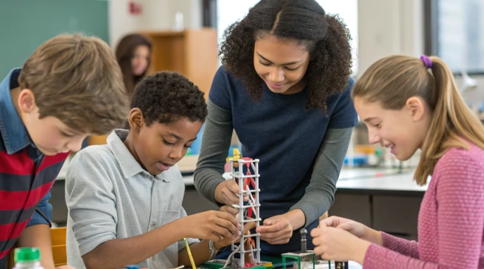 Teacher guiding diverse students through a hands-on classroom build, showing effective STEM interventions that connect classroom work to real-world problem-solving
