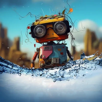 Colorful student-built underwater robot emerging from splashing water, illustrating hands-on STEM learning and robotics engineering
